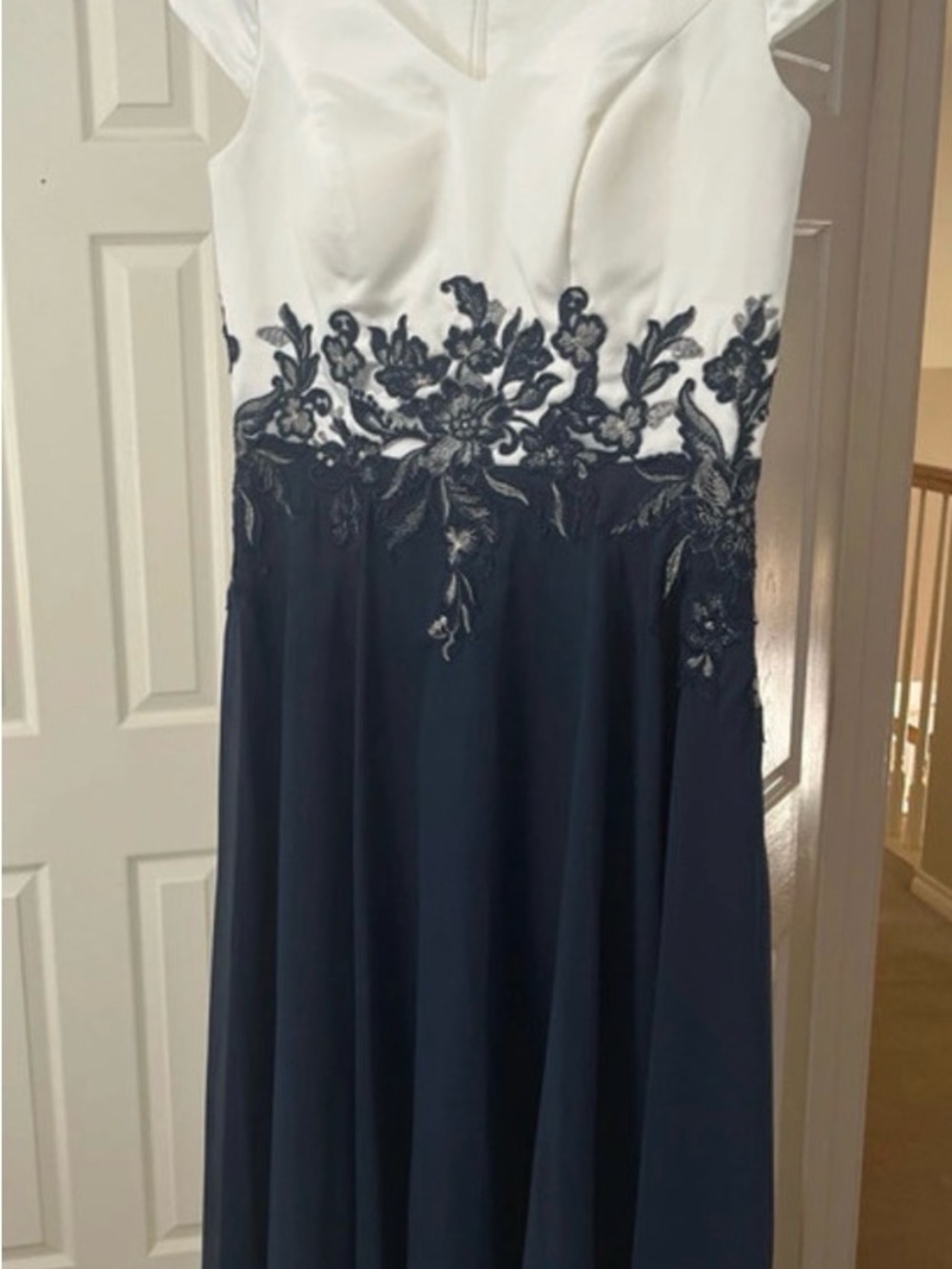 JJs House White and Navy One-Shoulder Evening Gown with Floral Embroidery